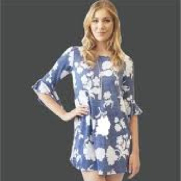 SJS Floral Shift Dress with Flounce Sleeves, Chambray Blue/White, Size M - Picture 7 of 7